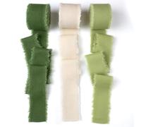 AJMDGW Cotton Linen Ribbon 1.5" x 7Yds Golden Yellow Boho Vintage Rustic Ribbon Handmade Fringe Frayed Cloth Fabric Ribbon for Gift Wrapping Wedding Invitations Bridal Bouquets DIY Crafts(Green+Ivory)