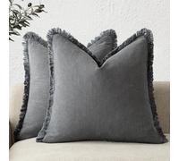AJMDGW Set of 2 Decorative Linen Fringe Lumbar Throw Pillow Covers Boho Farmhouse Cushion Cover with Tassels Soft Accent Pillowcase for Couch Sofa Bed Living Room Home Decor(Grey,24"x24" 2 Pieces)