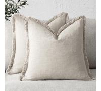 AJMDGW Set of 2 Decorative Linen Fringe Lumbar Throw Pillow Covers Boho Farmhouse Cushion Cover with Tassels Soft Accent Pillowcase for Couch Sofa Bed Living Room Home Decor(Natural Beige,20"x20" 2 Pi