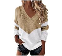 AJMDGW Women Knit Jumpers Long Sleeve V Neck Loose Fit Pullover Sweater Chunky Cable Knitwear Solid Color Striped Longling Tops to Wear with(003- Beige,12)