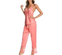 AJMDGW Women's Sleeveless Light Top And Elastic Waist Pants Lace Stitching Sleepwear Pajama Set(Dark Pink,XL)