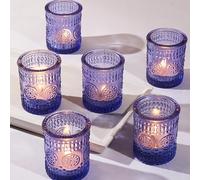 Ajuny 12 Pcs Blue Glass Tea Light Candle Holders for Table Centerpieces | Vintage Votive Candle Holder Flower Design for Wedding Anniversary Living Room Birthday Party Home Décor Gift 2 x 2.5 Inches