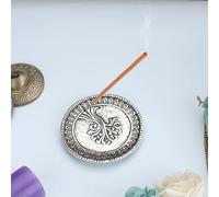 Ajuny Aluminum Round Incense Stick Holder Burner with Ash Catcher, Tibetan Flower Design Silver Incense Holder for Sticks, Meditation Yoga Spiritual Home Decor Gift, 8 cm