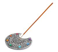 Ajuny Aluminum Round Moon Incense Stick Holder Burner with Ash Catcher, Tibetan Flower Design Silver Incense Holder for Sticks, Meditation Yoga Spiritual Home Decor Gift, 10 cm