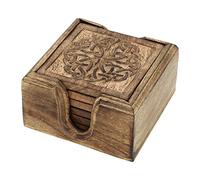 Ajuny Celtic Design Wood Coasters for Drinks Set of 6 with Holder Stand for Coffee Table, Square Handmade Drink Coasters for Tabletop Protection & Home Décor