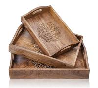 Ajuny Decorative Wooden Tray Platter for Serving Snacks Fruits Tea Hand Carving Floral Design Home Kitchen Gifts
