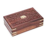 Ajuny Elephant Wooden Jewellery Box 8x5 Inch, Brass Inlay Keepsake Chest
