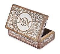 Ajuny Hand Carved Wooden Decorative Box Jewelry Storage Keepsake & Trinket Holder Moon Star Carvings, White Finish Handmade Vintage Gift for Home Décor