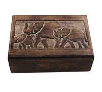 Ajuny Hand Carved Wooden Decorative Jewelry Box Elephant Motif Design Rustic Finish Keepsake Storage Travel Organizer Vintage Style Treasure Chest Trinket Holder Gifts