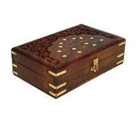 Ajuny Hand-Carved Wooden Jewellery Box, Brass Inlay & Floral Pattern, Decorative Storage & Keepsake Box, Multi-Purpose Organiser for Jewellery, Watches & Memories, Vintage Gift Idea, 8 x 5 Inches