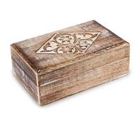Ajuny Hand Carved Wooden Jewellery Storage Box Floral Diamond Design 8x5 In