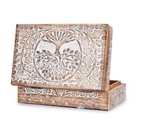 Ajuny Hand Carved Wooden Keepsake Box 8 x 5 Inch, White Tree of Life Design Jewellery Storage Box, Trinket Holder, Watch Box and Decorative Gift for Home Decor