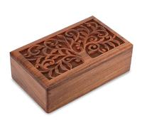 Ajuny Hand Carved Wooden Storage Box 10 x 6 x 3 Inch, Tree of Life Design Vintage Style Keepsake Trinket Treasure Chest, Multipurpose Decorative Jewellery Organiser Gift for Home Decor