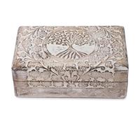 Ajuny Handcarved Wooden Decorative Treasure Chest Box 8 x 5 Inch Brown and White Tree Of Life Pattern - Multipurpose Use As Jewelry Storage, Watch Box, Great for Gifts