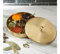 Ajuny Handcrafted Brass Round Spice Box Golden with Embossed Lid - Beautiful Design 7 Spice Containers and 1 Designer Spoon Decorative Masala Canister Organizer Gifts