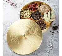Ajuny Handcrafted Brass Spice Box - Round Masala Dabba with Embossed Lid, 7 Removable Containers, Designer Spoon, Decorative Indian Spice Storage Canister, Golden Finish, Unique Gift Idea