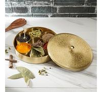 Ajuny Handcrafted Brass Round Spice Box Golden with Embossed Lid - Beautiful Design 7 Spice Containers and 1 Designer Spoon Decorative Masala Canister Organizer Gifts