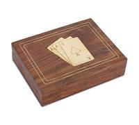 Ajuny Handmade Wooden Playing Card Box 16 × 12 cm Brass-Inlay Double-Deck Holder & Storage Organiser with 2 ‘Ace’ Card Packs Ideal Anniversary or Housewarming Gift