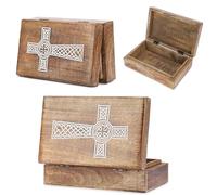Ajuny Mango Wood Keepsake Box 8 x 5 Inch Cross Carved Design Jewellery Box