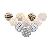 Ajuny Set of 10 Ceramic Knobs - Black and Yellow Printed Handmade Pottery Pulls for Kitchen Cabinets Bathroom Cupboards Dresser Drawers - Decorative Furniture Door and Drawer Handles