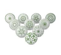 Ajuny Set of 10 Ceramic Knobs Green White Printed Cupboard Door Drawer and Furniture Pulls for Kitchen Cabinets Bathroom Dresser Drawers Handmade Pottery Decorative Knobs