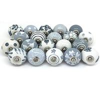 Ajuny Set of 20 Ceramic Knobs - Grey and White, Glossy Finish, Handmade Cabinet Knobs for Kitchen, Bathroom, Dresser, Drawers, Decorative Ceramic Handles, Furniture Handle Set