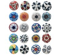 Ajuny Set of 20 Multicolour Ceramic Knobs - Floral Cupboard & Drawer Pulls - Decorative Furniture Handles for Kitchen Cabinets, Bathroom, Dresser & Wardrobe - Handmade Pottery, Vintage Style