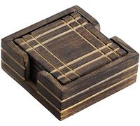 Ajuny Set of 4 Drink Coasters with Holder - Handmade Brown Wooden Hand-Carved Square Beverage Coasters in Mango Wood - Ideal Retro Tableware Decorations - Home/Bar/Dining Room Accessories