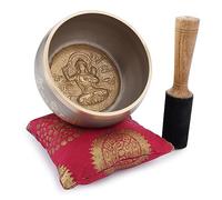 Ajuny Singing Bowl Tibetan Handmade Brass Sound Bowl Set Buddha Tara Design with Mallet & Cushion Easy to Play Meditation Yoga Mindfulness Chakra Healing Stress Relief Relaxation Gift, Beige 4 In