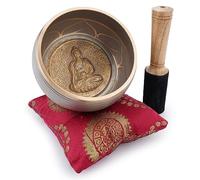 Ajuny Singing Bowl Tibetan Handmade Brass Sound Bowl Set Buddha Thangka Art Design Mallet & Cushion Easy to Play Meditation Yoga Mindfulness Chakra Healing Stress Relief Relaxation Gift, Beige 4 In