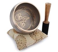 Ajuny Singing Bowl Tibetan Handmade Brass Sound Bowl Set Thangka Art Design with Mallet & Cushion Easy to Play Meditation Yoga Mindfulness Chakra Healing Stress Relief Relaxation Gift, Beige 4 In
