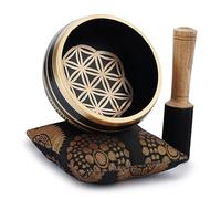 Ajuny Tibetan Singing Bowl Set - Handcrafted Meditation Brass Sound Bowl with Stick and Cushion for Yoga, Chakra Healing, Mindfulness and Stress Relief Spiritual Gifts - Gold Black