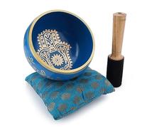 Ajuny Tibetan Singing Bowl Set - Handcrafted Meditation Brass Sound Bowl with Stick and Cushion for Yoga, Chakra Healing, Mindfulness and Stress Relief Spiritual Gifts - Gold Blue