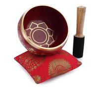 Ajuny Tibetan Singing Bowl Set - Handcrafted Meditation Brass Sound Bowl with Stick and Cushion for Yoga, Chakra Healing, Mindfulness and Stress Relief Spiritual Gifts - Gold Red
