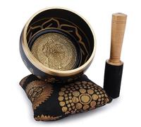 Ajuny Tibetan Singing Bowl Set - Handcrafted Meditation Brass Sound Bowl with Stick and Cushion for Yoga, Chakra Healing, Mindfulness and Stress Relief Spiritual Gifts - Black