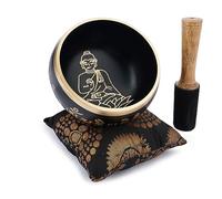 Ajuny Tibetan Singing Bowl Set Handmade Brass Sound Bowl with Mallet & Cushion Buddha Lotus Design Meditation Yoga Mindfulness & Chakra Healing Therapy Stress Relief Gift (Black, 4 In)