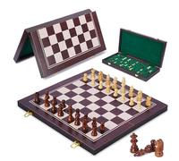 Ajuny Wooden Chess Set 14.5 Inch Folding Board Game with Storage Slots