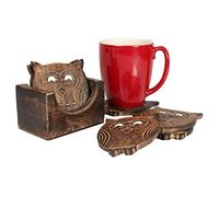 Ajuny Wooden Coaster Holder Set of 6 Circular Owl Shape Botanical Inlay Design for Coffee Mugs Tea Cups Beer Glass Housewarming Gifts Ideas