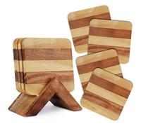 Ajuny Wooden Coasters Set of 4 with Holder, Square Drinks Coasters for Coffee Tea Table Dining Desk, Handmade Wood Cup Mats for Tabletop Protection, Home Decor Gift, 4 Inch