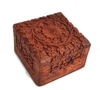 Ajuny Wooden Decorative Keepsake Box Hand Carved Jewellery Armoire Small Treasure Chest Trinket Holder Handmade Mini Jewelry Travel Storage Organiser Perfect Unique Gifts for Men and Women - 4 Inch