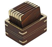 Ajuny Wooden Drink Coasters and Holder Set Set of 6 Golden Brass Decoration Square Coasters for Tea Cups Coffee Mugs and Water Glasses Tabletop Protection for Any Table Type Home Decor Best Gift