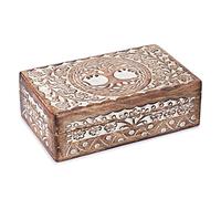 Ajuny Wooden Hand Carved Decorative Box With Tree Of Life Carvings White - Multipurpose Use As Jewelry Storage, Trinket Holder Or Watch Box Gifts