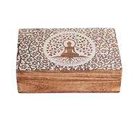 Ajuny Wooden Handcrafted Decorative Jewelry Storage Box Buddha Tree Design White Multipurpose Treasure Chest Organizer Travel Keepsake Trinket Holder Watch Box Gifts 8x5 Inch