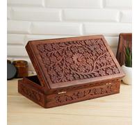 Ajuny Wooden Jewellery box for Women Handcarved Decorative Storage Box Flower Design Multipurpose Jewelry Treasure Chest Keepsake Organizer Necklaces Watch Boxes Great for Gifts 10x6 Inch