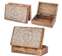 Ajuny Wooden Handcarved Decorative Jewelry Storage Box Flower Design Multipurpose Treasure Chest Keepsake Organizer Necklaces Watch Boxes Great for Gifts 8x5 Inch