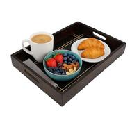 Ajuny Wooden Serving Tray with Handles - Handmade Black Decorative Platter with Elegant Line Carvings for Breakfast, Snacks, Tea or Dinner - 15x10 Inch Kitchen, Bar & Home Décor