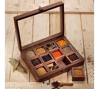 Ajuny Wooden Spice Box with Glass Lid 12 Removable Compartments and 1 Spoon