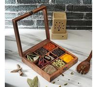 Ajuny Wooden Spice Box with Glass Lid on Top 9 Fixed Compartments & 1 Spoon
