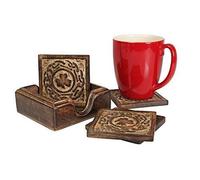 Ajuny Wooden Square Bar Drink Coasters Set Of 4 Hand Carved With Clover Design And Holder Dining Tabletop Accessory Made By Mango Wood