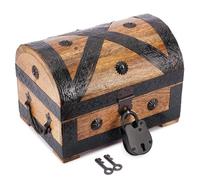 Ajuny Wooden Treasure Chest Jewellery Box with Lock and Key 9x6 Inch, Pirate Chest Mango Wood Keepsake Trinket Storage Case Holder, Vintage Shell Strip Decor Gift